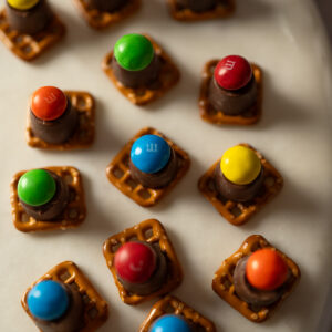 Chocolate peanut butter pretzel bites on a platter at a party.