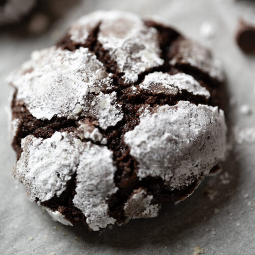 A close-up of a crinkle cookie with powdered sugar.