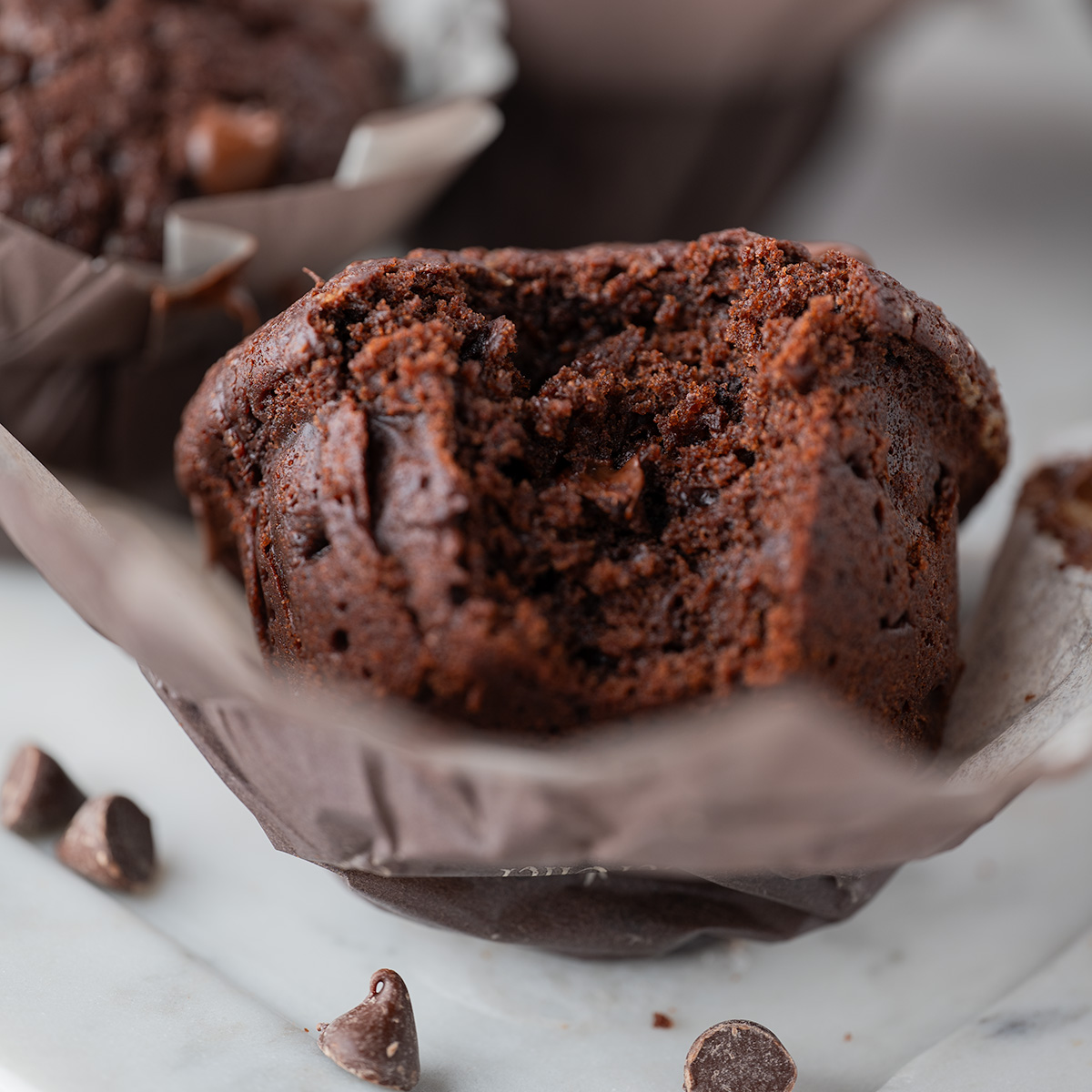 Tender cross section of a double chocolate muffin.