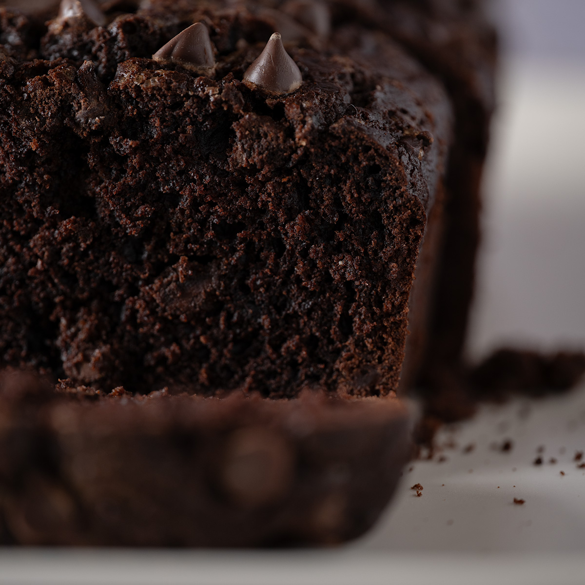 Tender interior crumb of a chocolate loaf cake.