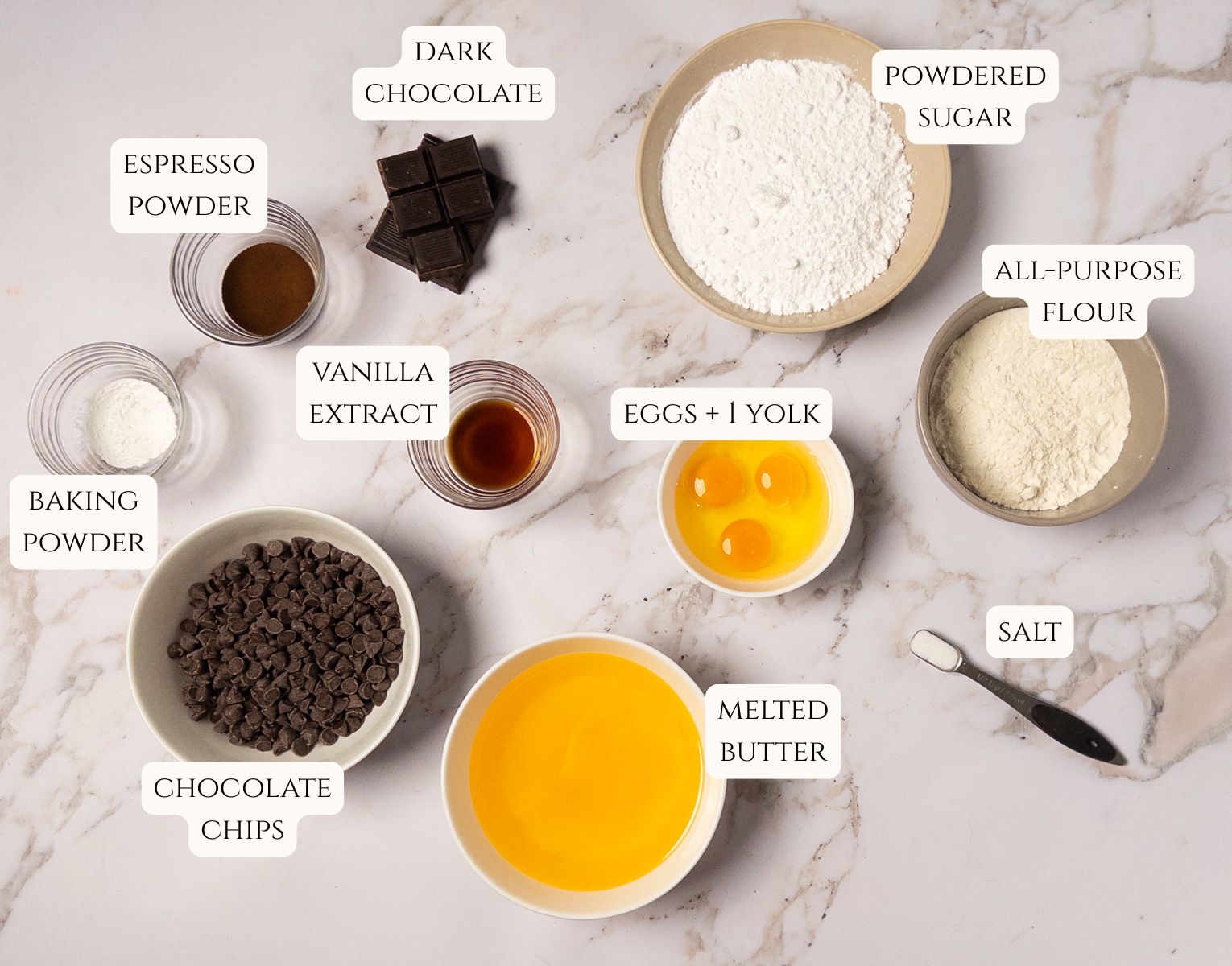 Ingredients for espresso brownies.